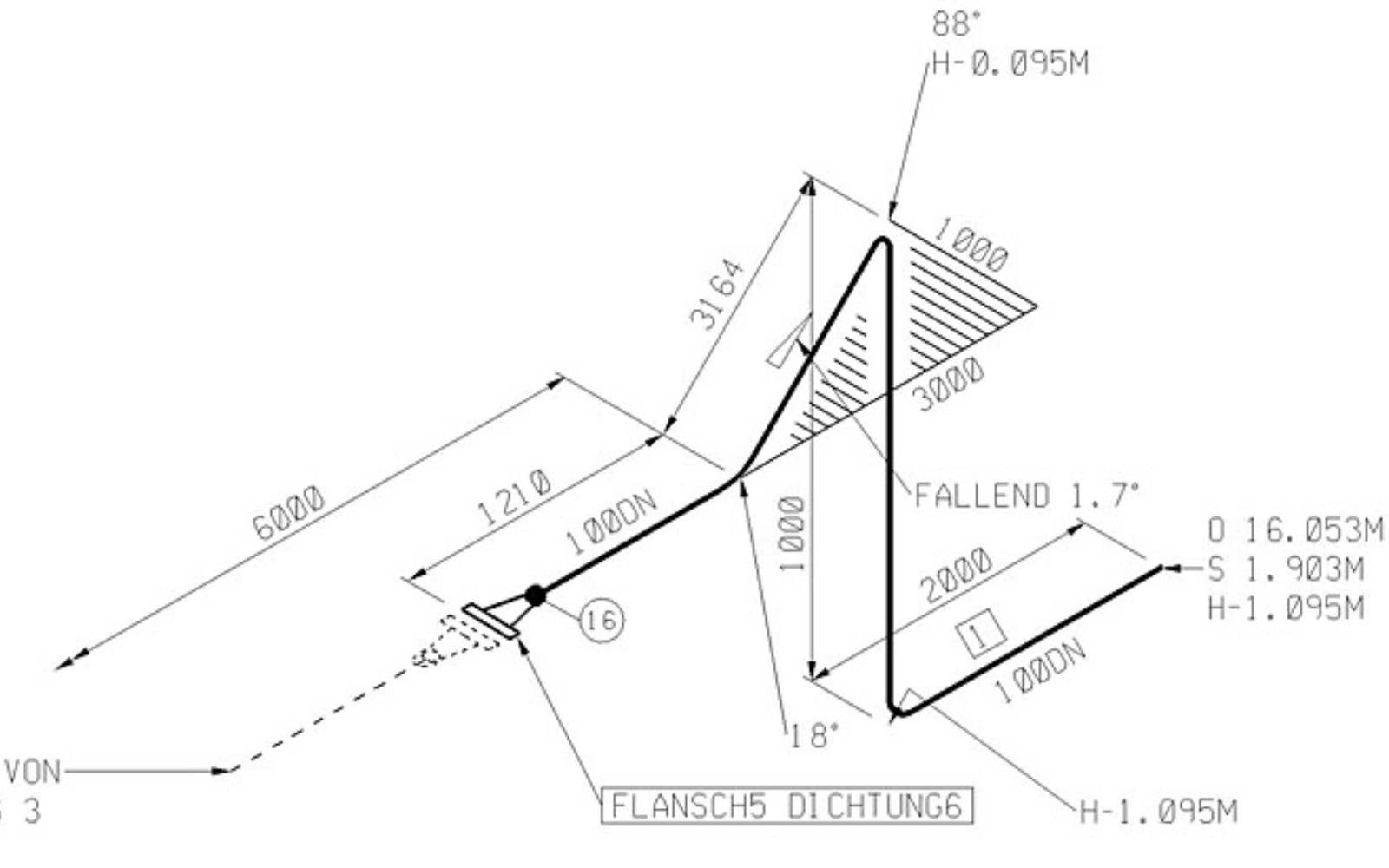 Sample piping isometric drawing with dimensions, component callouts and a bill of materials