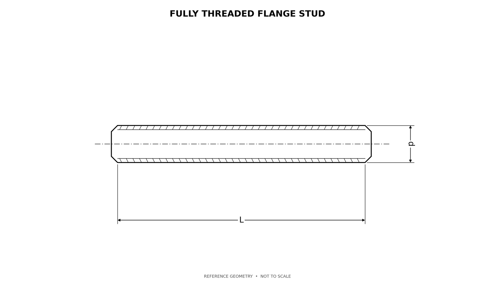Flange stud dimensional drawing with thread and length references