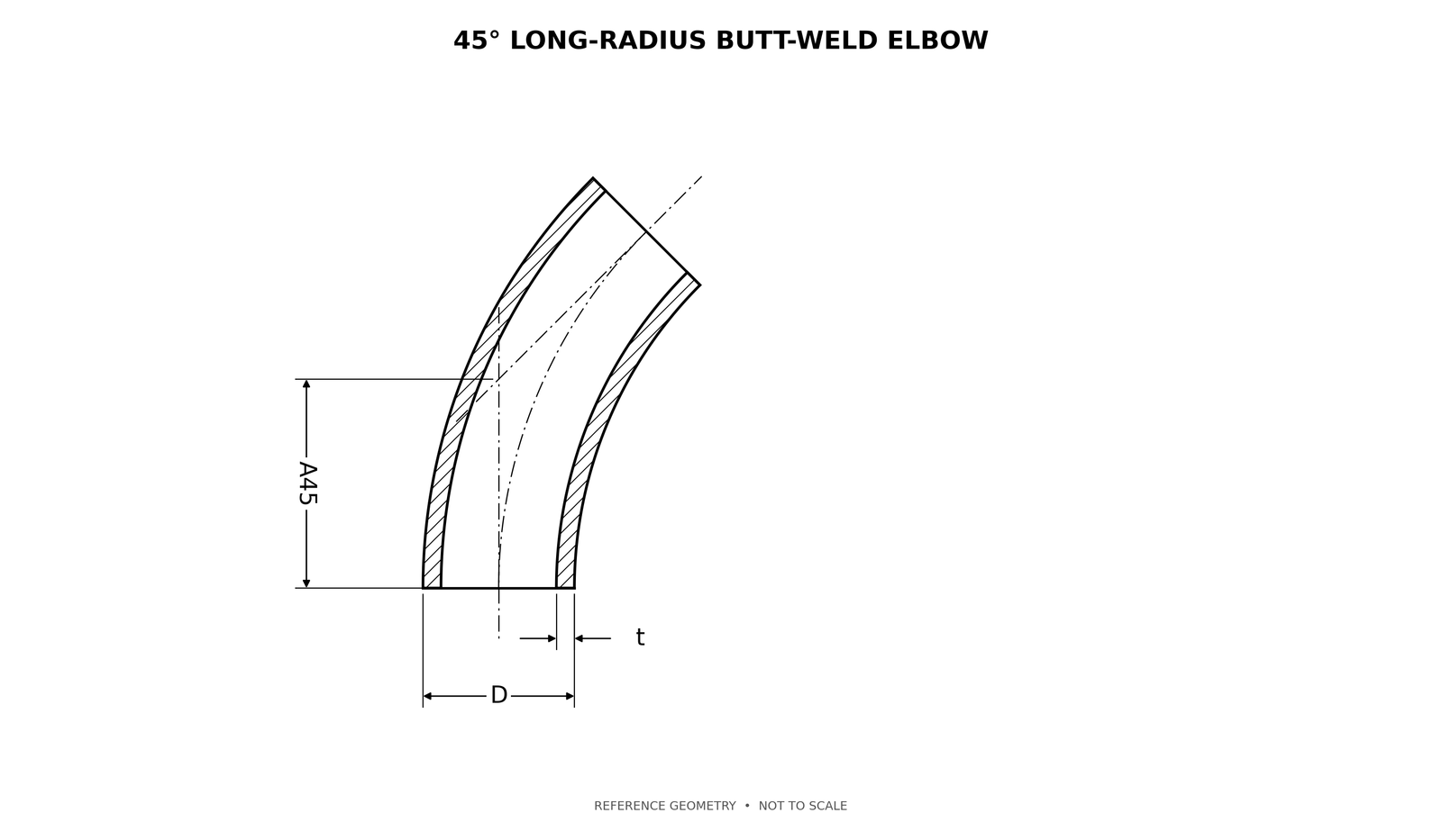 45 degree elbow dimensional drawing with center-to-end references